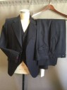 Mens, Suit, Jacket, 1890s-1910s, Navy Blue, White, Wool, 38S, Single Breasted, 3 Buttons,  Rounded Notched Lapel, Double Pin Stripe, Cutaway, Cuffed Sleeves, 3 Pockets Two with Flaps,