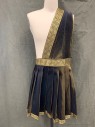 MTO, Gold, Black, Lurex, Greek Key, 2 Color Weave, Greek, Knife Pleat Black/Gold Skirt, Gold Greek Key Ribbon Waistband and Hem Trim, Hook & Eye Closure, Attached Pleated Sash with Greek Gray Ribbon and Gold Braided Trim, Multiple *Barcode Under Waist Flap*
