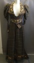 Womens, Historical Fict 3 Piece Dress, MTO, Olive Green, Mustard Yellow, Red, Black, White, Silk, Cotton, Plaid, Floral, W31, B38-40, Short Jacket with Net Fortified Leg O' Mutton Sleeves, Pointed Shawl Collar and Cuffs with Embroidery, Piping and Fringe, Front Hook & Eye Closure, Hooks Sewn Onto Elastic at Underside Waistband, Attach to Piece 2