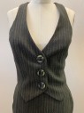 Womens, Suit, Piece 3, TOM NGUYEN, Brown, Olive Green, Blue, Silver, Polyester, Wool, Stripes - Vertical , 4, V-neck, Snap Front, Single Breasted, Faux Buttons, Lace Back