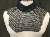 MTO, Silver, Navy Blue, Leather, Rubber, SUIT of ARMOR: Neck Chainmail:  Navy Leather Collar with Decorative Stitching and Silver Piping, Self Attached Back Belt, Neck Guard Chainmail in Silver Metal and Black Rubber, Keyhole Back