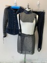 MTO, Silver, Navy Blue, Cotton, Rubber, SUIT of ARMOR: Hauberk : Navy Cotton Diamond Stitching, Velcro Front Closure, Chainmail Sleeves/Sides Silver Metal and Black Rubber, Panelled Peplum, Large Hooks As Carriers at Waist, Goes with CF120857, Multiples See