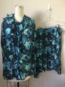 EMME, Navy Blue, Aqua Blue, Teal Blue, Silk, Floral, Paisley/Swirls, Ruffled Collar Band & Center Front, Button Front, Long Sleeves,