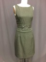 Womens, Suit, Dress, ANTONIO MELANI, Olive Green, Polyester, Herringbone, Heathered, 4, Fitted Sheath. Jewel Neckline, Sleevless. Buckle Detail at Front. Zipper Center Back,