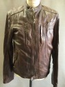 DANIER, Chestnut Brown, Leather, Solid, Zip Front, Band Collar with Snap Tab. 4  Vertical Zipper Pocket, Diagonal Zipper Cuffs, Reenforcement Patching At Shoulder, Bicep, Cotton Lining