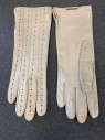 Womens, Leather Gloves, N/L, White, Leather, Stripes, 7 1/2, Diamond and Dot Perforated Stripes, Silk Lining, Multiple *Red Stain Palm Side Right Glove*
