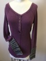 FREE PEOPLE, Plum Purple, Dk Gray, Heather Gray, Baby Blue, Cotton, Polyester, Heathered, Heather Plum Waffle, Wide  Neck,  5 Light Brown Button Front, Raglan Long Sleeves, with 8 Panel Knit Gray with Heather Zig-zag Pattern W/baby Blue Hand Stitches Hem