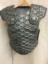 Mens, Historical Fict. Breastplate , Silver, Fiberglass, Reptile/Snakeskin, 42, Fish Scale, Molded Fiberglass, Lacing/Ties Both Sides, Detachable Molded Fiberglass Epaulets With Studs And Medallions Snap On