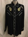 Mens, Western, SCULLY, Black, White, Polyester, Rayon, Solid, Novelty Pattern, XXL, White Piping Trim, Yellow/ Silver Guitar Yolk Embroidery, Pink & Red Embroiderred Back Yolk, Metallic Musical Note Embroidery, Doubles,
