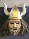 Unisex, Walkabout, FACEMAKERS INC, Cream, Gold, Silver, White, Synthetic, Foam, ADULT, VIKING HEAD - Ash Blonde Hair, Bearded Face, Blue Eyes and Nostrils with See Through Screen. Silver Lame Coated Foam Helmet with Gold Detailing. Cream Fabric Horns,  Elastic Straps for Under Arms with Foam Medallion of Purple and Gold with Eagle Emblem