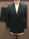 Mens, 1980s Vintage, Suit, Jacket, NINO FERRETTI, Forest Green, Wool, Herringbone, Solid, 44R, Double Breasted, Collar Attached, Peaked Lapel, 3 Pockets,