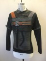 Mens, Tops, MTO/ HEAT GEAR, Black, Gray, Orange, Synthetic, Solid, Stripes, L, Black Synthetic Thermal Knitted Top, Long Sleeves, Altered to Create Science Fiction Look. Rubber Rings on Sleeves, Orange & Gray Cotton Webbing Detail at Chest Front. Distressed Gray Applique  at Front and Mock Turtle Neck. Multiples Available