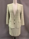 Womens, 1990s Vintage, Piece 1, LE SUIT, Beige, Black, Viscose, Rayon, Grid , B40, 12, W30, Blazer, Single Breasted, V-N, 2 Buttons, No Collar, 2 Flap Pocket, Shoulder Pads, Black And Gold Buttons