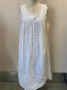 Womens, Nightgown, EILEEN WEST, White, Cotton, Solid, S, Multiples, Slvls, Button Placket, Knife Pleated Yoke with Floral Lace Trim & Detail,