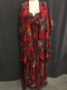 Womens, 1990s Vintage, Dress, BOB MACKIE, Cherry Red, Black, Turquoise Blue, Yellow, White, Polyester, Floral, Abstract , B:32, Evening Gown W/Matching Jacket  Cherry Red with Multicolor Floral, Cap Sleeves,  W/Black + Gold Lace Straps/Trim, Gold Metallic Leaf Embroidery On Bust, Empire Waist, Black Strapless Bra Sewn Into Dress, Floor Length Hem,