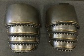 MTO, Silver, Rubber, SUIT of ARMOR: Spaulder (Shoulder Armor): Silver Rubber Aged to Look Like Metal, 2 Piece, Tiered Pieces, Faux Rivet Attachments, Leather Trim with Silver Triangle Metal Detail, 2 Leather Buckle Straps, Velcro Elastic Strap for Attaching to Shoulder Piece.