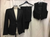 Mens, Formal Jacket, MTO, Black, Wool, Silk, Solid, 36 S, Made To Order, Silk Faille Peaked Lapel, 1 Button, 3 Pockets, Multiples, See FC015636