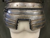 MTO, Silver, Navy Blue, Rubber, Leather, SUIT of ARMOR: Culet: Silver Rubber Aged to Look Like Metal, Molded Frame,  Leather Trim with Silver Triangle Metal Detail,  Gold Embossed Detail, Tiered Plates, Velcro for Attaching to Back Breastplate, Square Tailbone Cut Out.