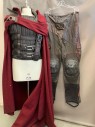 Unisex, Sci-Fi/Fantasy Cape/Cloak, MTO, Cranberry Red, Brown, Silver, Wool, Leather, Solid, Boiled Wool, Asymmetrical, Exaggerated Collar, Snaps, Small Slits in Back, Woven Cotton Back Yoke Lining to Center on Shoulders, Works with Black Vest FC002624 If Desired.