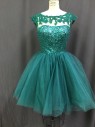 SHERRI HILL, Teal Green, Polyester, Solid, Floral, Bateau/Boat Neck, Cap Sleeves, Sequined and Beaded Floral Lace Yoke, Open V-back to Waist, Zip Back, Sequined Bodice, Full Tule Short Skirt, Lined Plus Crinoline, Prom, Dance, Party, Multiples,