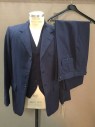 Mens, Suit, Jacket, 1890s-1910s, Navy Blue, Cream, Aqua Blue, Wool, Stripes - Vertical , 40R, 3 Buttons,  Notched Lapel, 3 Pockets Two with Flaps, Cutaway, Creases Where Sleeve Has Been Let Out,