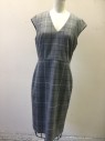 Womens, Suit, Dress, ANN TAYLOR, Gray, Black, Taupe, White, Polyester, Viscose, Plaid, 4, V-neck, Cap Sleeve, Zip Back, Knee Length