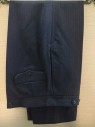 Mens, Suit, Pants, 1890s-1910s, Navy Blue, Cream, Aqua Blue, Wool, Stripes - Vertical , 28, 33, Flat Front, Button Front, Suspender Buttons, Very Deep Hem,