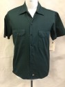 DICKIES, Green, Polyester, Cotton, Solid, Green Work Shirt, Collar Attached, Button Front, 2 Pockets with Flap, Short Sleeves, Triple,