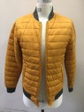 Mens, Casual Jacket, ARIZONA JEANS, Turmeric Yellow, Heather Gray, Nylon, Polyester, Solid, S, Mustard Horizontally Quilted Nylon Puffer, Gray Rib Knit Neck, Cuffs and Waist, Zip Front, **Multiples