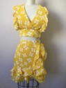 BARDOT, Goldenrod Yellow, Cream, Red, Polyester, Floral, Cropped Halter, Long Waist Tie, Ruffles
