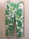 Womens, 1990s Vintage, Piece 2, GEIGER, White, Lime Green, Kelly Green, Cotton, Floral, 28W, Pants, Zip Front, No Pockets. Slits at Ankle