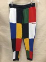 Mens, Sweatpants, HUDSON, Navy Blue, Red, Yellow, Green, Blue, Cotton, Abstract , M, Navy, Red, Yellow, Green, Blue Block Patch Work, Solid Black Elastic  & D-string Waistband, Black Cuffs.019548