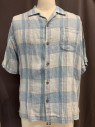 TOMMY BAHAMA, Lt Blue, White, Purple, Lime Green, Lt Gray, Linen, Plaid, Button Front, Collar Attached, Short Sleeves, Left Chest Pocket