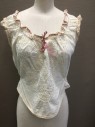 N/L MTO, Cream, Mauve Pink, Ecru, Cotton, Solid, Cream Cotton, with Cream Embroidery at Front, Ecru Lace at Armholes and Neck, Mauve Silk Satin Ribbon Interwoven at Neck, Elastic Waist, Made To Order **Has a Double