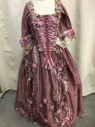 Womens, Historical Fict 2 Piece Dress, PERIOD CORSETS, Mauve Pink, Cream, Lt Pink, Sage Green, Pink, Silk, Floral, W:25, B30-32, BODICE-Mauve Taffeta with Multicolor Vine/Floral Embroidery, Pink and Light Pink Satin and Velvet Bows Down Center Front At "Stomacher", Square Neck, 3/4 Sleeves with Cream Lace Ruffle and Pink Satin and Velvet Bows, Silk Flowers At Neckline and Cuffs, Boned Interior, Metal Grommets with Lace Up Panel In Center Back, Made To Order