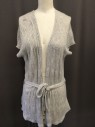 BARNEYS, Heather Gray, Cashmere, Solid, Light Heathered Grey with Eyelet Knit Pattern, Short Sleeves, Open Front with Belt