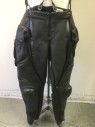 MADE W/ LOVE BY GRAN, Black, Leather, Rubber, Solid, Zip Front, Suspender Buttons with Suspenders, Lots of Stuff Going on Here, Rubber Shins, Plastic Kneepads, Zip Vented Inner Thighs, Glue Is Beginning To Lift Between Rubber And Leather At Ribbed Knee Area