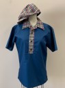 ANGELICA, Navy Blue, Red, Yellow, Green, White, Polyester, Cotton, Solid, Plaid, Shirt, C.A., B.F., Plaid Collar & Placket, 3 Button, S/S, Side Slits, Plaid Newsboy Cap, Multiples