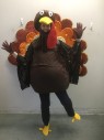 Unisex, Walkabout, J&M COSTUMERS, Brown, Yellow, Polyester, L200FOAM, Solid, S/M, Thanksgiving Turkey Walkabout Costume, Brown Velour Covered Foam Body, Rotund/Round Shape, Openings for Legs, Center Back Zipper, **Includes Non Coded Accessories: Pair Yellow Feet, (Approx Women's Size 7/8),  Brown Cotton Gloves, and Brown Ruffled "Wings" to Go on Arms