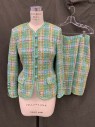Womens, Suit - Dress, 2 Pieces, HERBERT GROSSMAN, Turquoise Blue, Orange, Hot Pink, White, Green, Wool, Plaid, Basket Weave, 6, Button Loop Front, Turquoise/Gold Plastic Buttons, 2 Faux Flap Pockets, Long Sleeves, Slit at Cuffs, Braided Trim Detail,