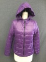 BERSHKA, Purple, Polyamide, Solid, Puffer Jacket, Fitted, Zip Front, Hooded, 2 Zip Pckts