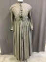 Womens, Dress, Piece 1, 1890s-1910s, MTO, Beige, Black, Cotton, Rayon, Stripes - Vertical , Heathered, W26, B36, Loose Weave, Round Neck,  Button Front, Double Pleats for Bust, Gather Long Skirt, Double Row of Soutache Appliqué at Waist and Cuffs