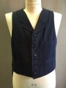 Mens, Suit, Vest, 1890s-1910s, NO LABEL, Navy Blue, White, Wool, Stripes - Pin, 40, Button Front, Lapel, Tie At Back,
