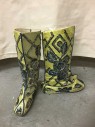 Mens, Historical Fiction Boots , Lemon Yellow, Silver, Blue, Silk, Sequins, Solid, Blue Piping Trim