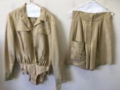 Womens, 1980s Vintage, Piece 1, MTO, Tan Brown, Polyester, Solid, 29w, 40b, 42h, Long Sleeve Shirt with Snap Crotch, Open Front, Collar Attached, 2 Faux Pocket Flaps,