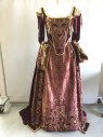 Womens, Historical Fict 2 Piece Dress, PERIOD CORSETS, Red Burgundy, Gold, Silk, Polyester, Geometric, Floral, 28/30, 34/36, Velvet/Velveteen, with Gold/burgundy Brocade Stomacher Festooned with Gold Embroidery and Beading, Burgundy Velvet Appliqué and Embroidery, Trimmed In Ribbon Bows and Ropes, Square Scoop Neck Trimmed with Metallic Gold Lace, Arms-eyes Trimmed with Gold Piping, 3/4 Sleeves, with Brocade Cuffs with Applique, and Beading and Heavily Beaded Trim. Waist Line Also Trimmed with Gold Piping, Lacing/Ties Center Back,