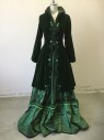 MTO, Emerald Green, Black, Cotton, Solid, Long Jacket - Velvet, Darker Green Crushed Velvet Shawl Collar, Black & Dk Green Floral Lace Detail, Frog Closures with Metal Hook & Eyes Above, 3/4 Sleeve with Ruffle and Lace Detail, Layered Bustle Back with Lace, 1880-1895-ish, Hat Available FC081711