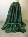 Womens, Historical Fiction Skirt, MTO, Emerald Green, Black, Neon Green, Silk, W 27, Floral Stripe Ombre, Hook & Eye Back Closure, Pleated at Waistband, Ruffle and Lace Gathered Peplum, Velvet Trim, 1880-1895,