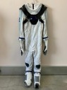 N/L, White, Gray, Black, Dk Blue, Polyester, Metallic/Metal, Color Blocking, Jumpsuits, L/S, CN, Textured Fabric, Black Velcro Straps Cross Chest And Back, Round Metal  Links On Arms And Bottom Leg, Back Zip, Elbow Pads