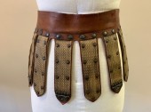 M.T.O., Brown, Lt Brown, Leather, Metallic/Metal, Roman Military Skirt, Adjustable Waist, Faux Braided Lt Brown Panels Over Brown Leather, Metal Rivets and Back Buckle